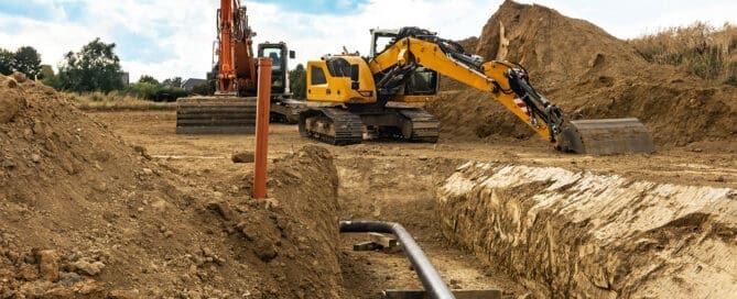 Engineer reviewing geotechnical recommendations for dynamic compaction at a construction site, with diagrams and soil data visible on paper.