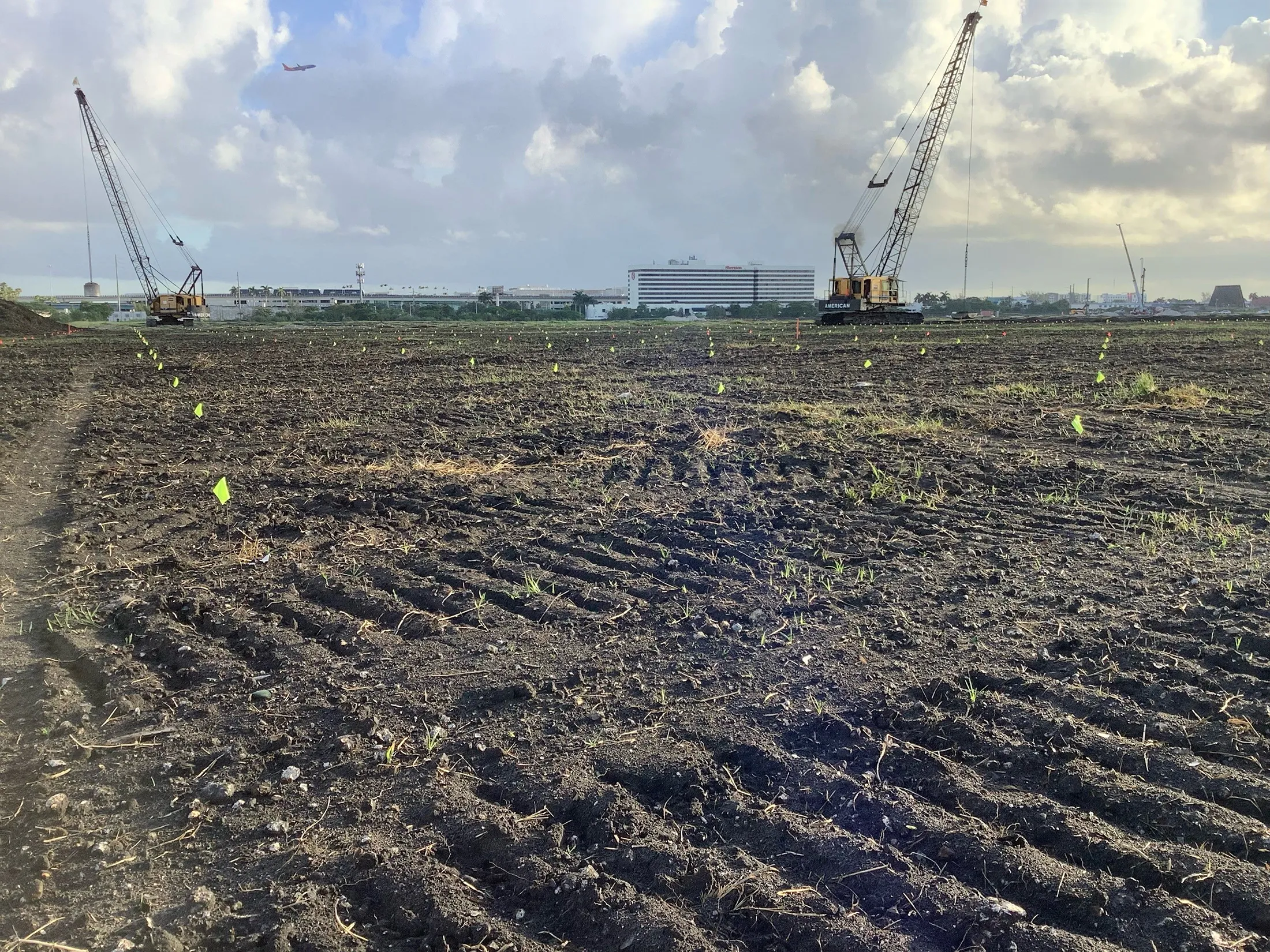 Two crawler cranes positioned on a cleared construction site with marked soil, preparing for dynamic compaction near an urban airport.